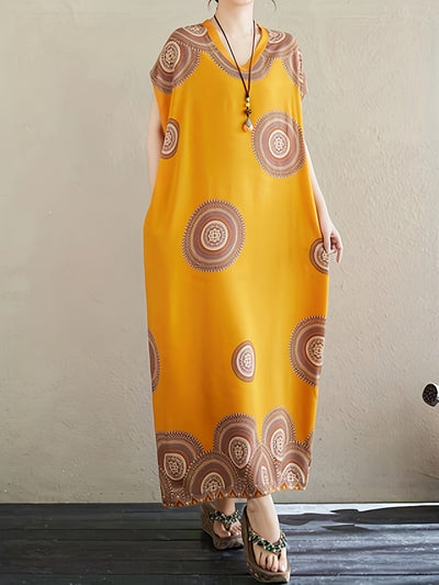 Kelly | Bohemian Maxi Jurk met Etnische Print en Zijdelingse Pockets