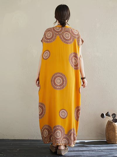 Kelly | Bohemian Maxi Jurk met Etnische Print en Zijdelingse Pockets