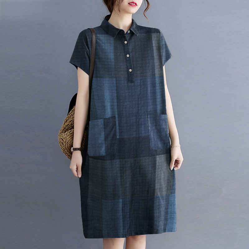 Kim | Casual Geruite Jurk met Korte Mouwen en Knoopsluiting