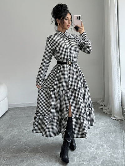 Kristina | Elegante Geruite Maxi Blousejurk met Knoopsluiting