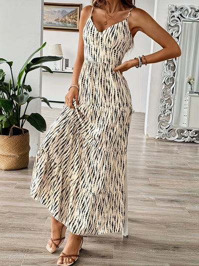 Kylie | Boho Maxi Jurk met Strikrug en Zwarte Print