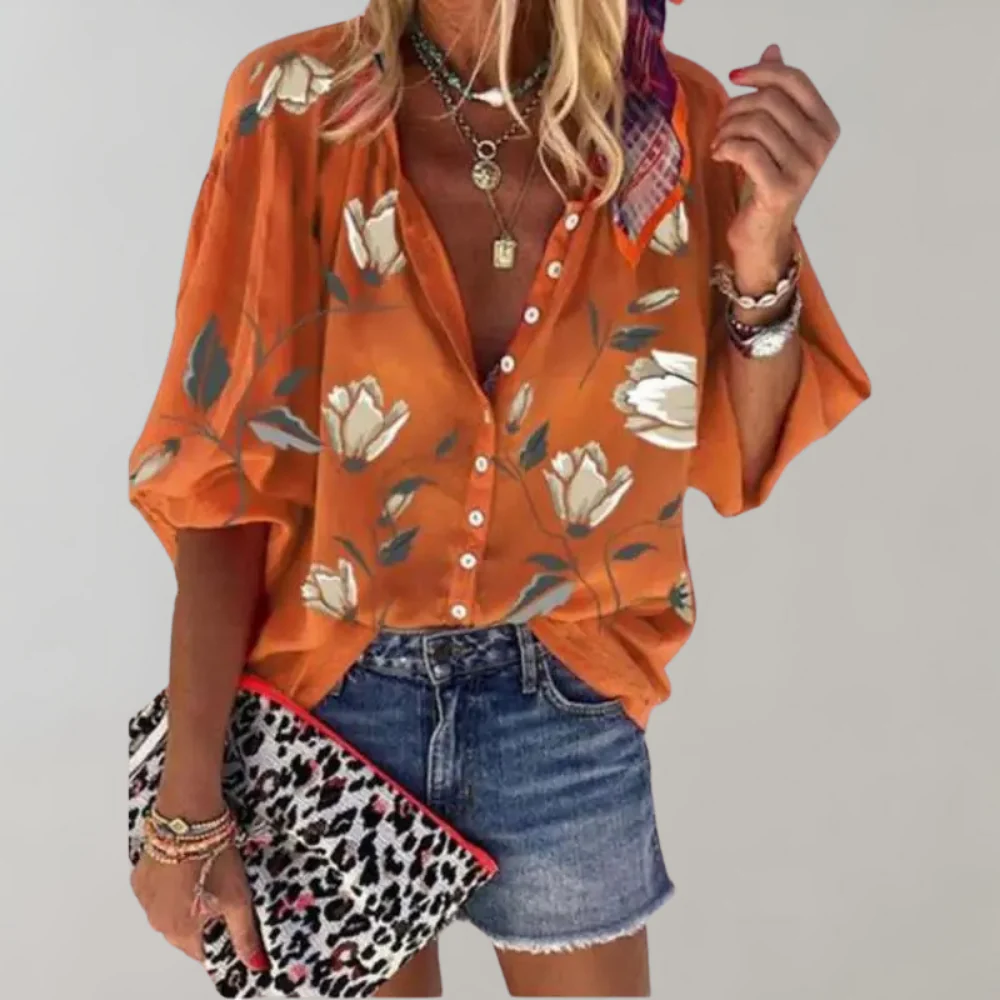 Damesblouse met bloemenprint – Korte mouwen en knoopsluiting