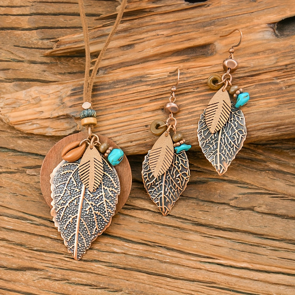 Lacey | Bohemian Vintage Jewelry Set with Leaf Pendant and Earrings 