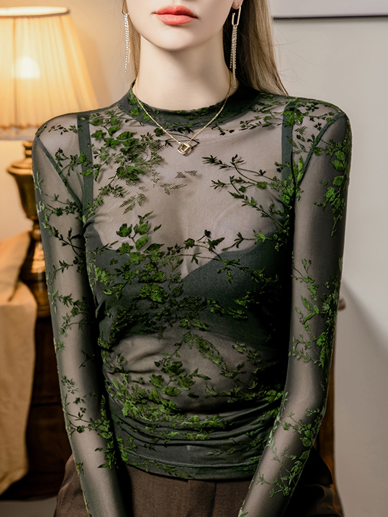 Liana | Sheer Mesh Top with Floral Print and Long Sleeves 