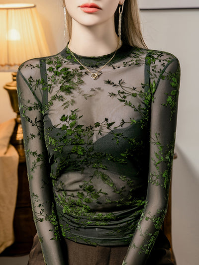 Liana | Sheer Mesh Top with Floral Print and Long Sleeves 