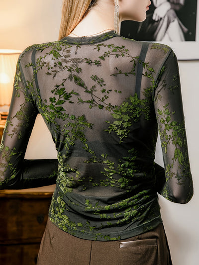 Liana | Sheer Mesh Top with Floral Print and Long Sleeves 