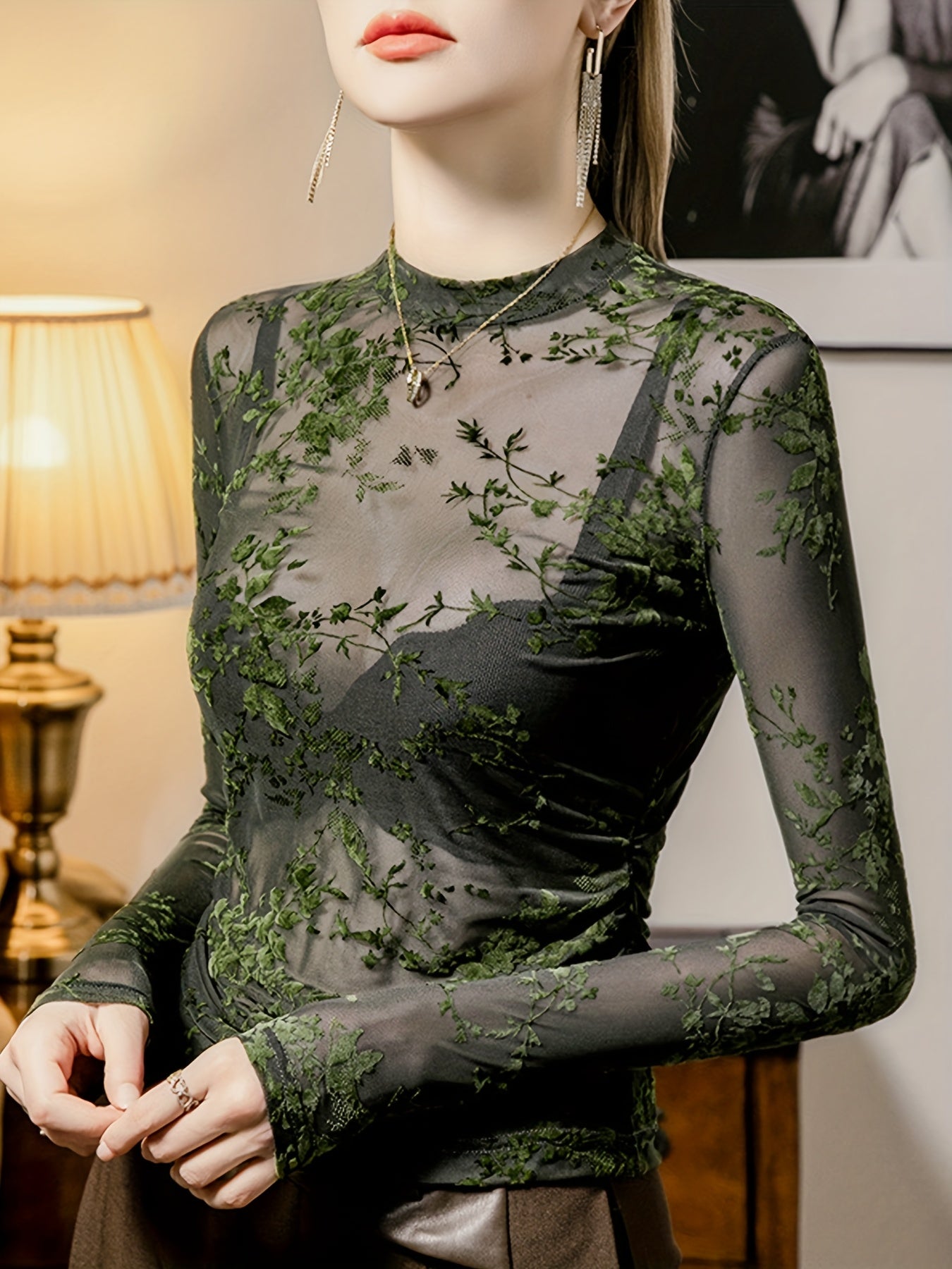 Liana | Sheer Mesh Top with Floral Print and Long Sleeves 