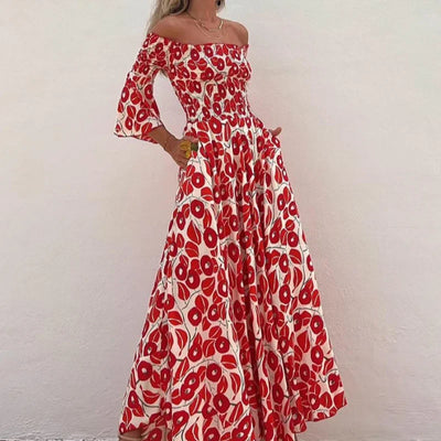 Raegan - Maxi Jurk met Off-Shoulder Print