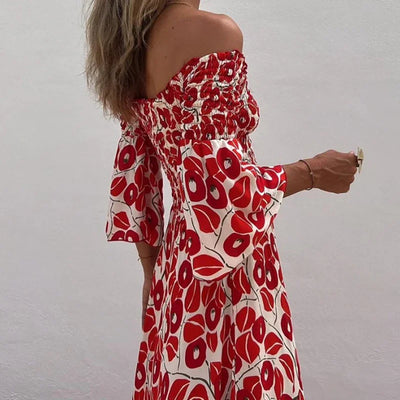 Raegan - Maxi Jurk met Off-Shoulder Print