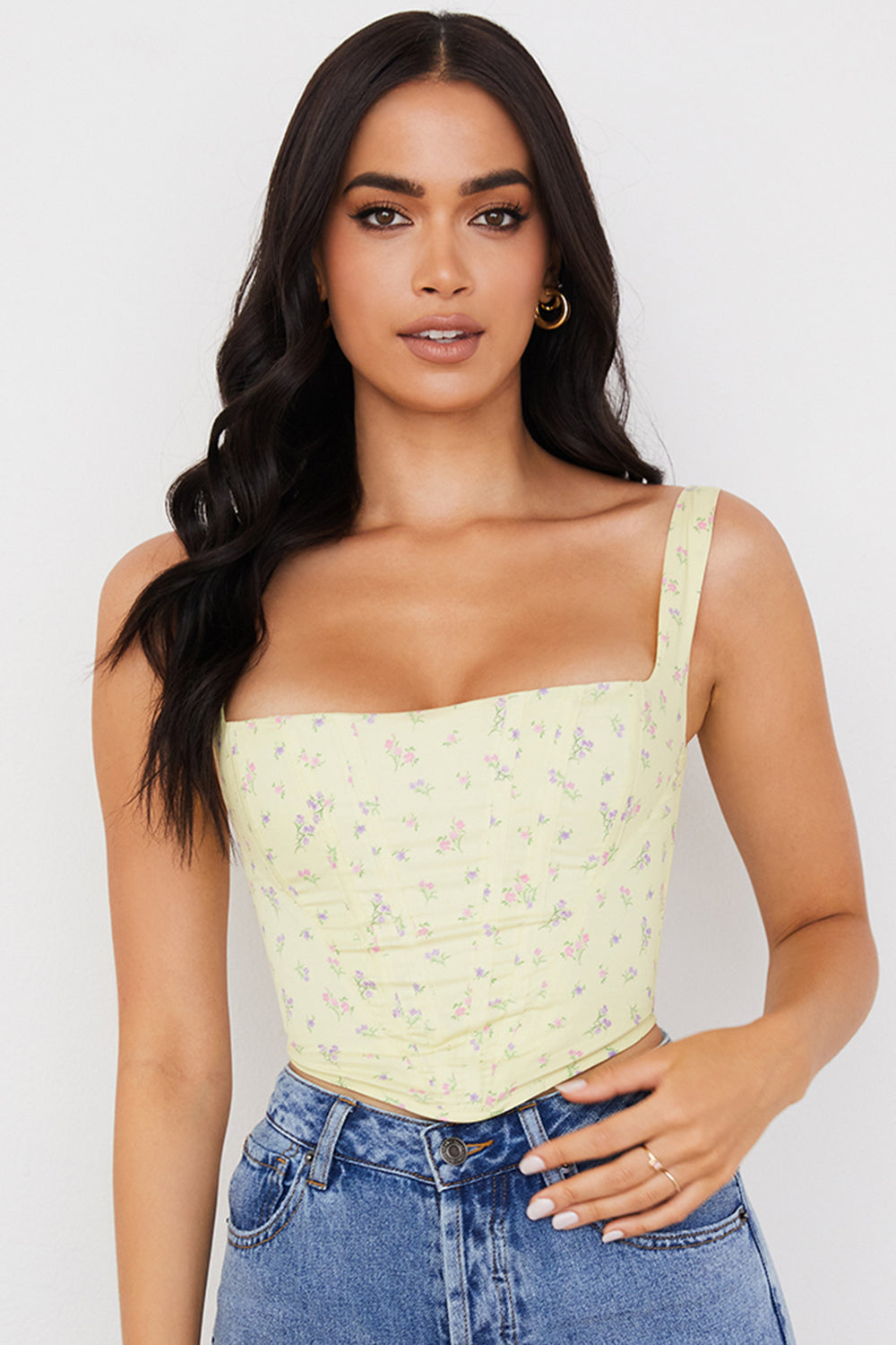 Givana - Light Yellow Corset with Subtle Floral Print