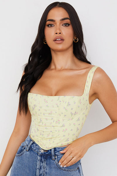 Givana - Light Yellow Corset with Subtle Floral Print
