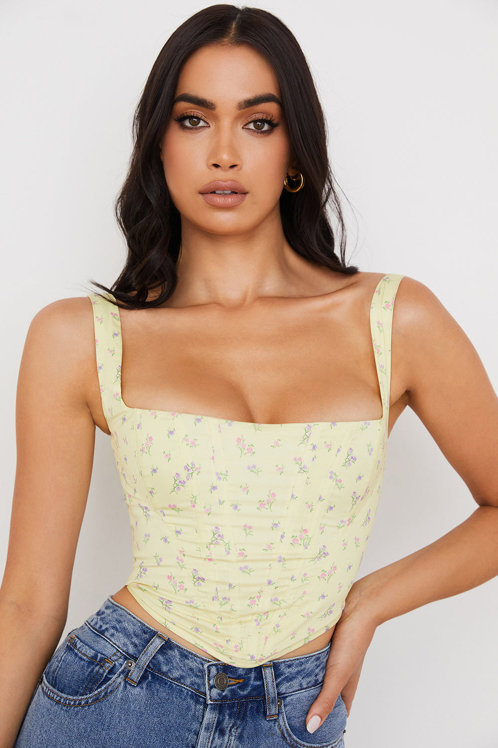 Givana - Light Yellow Corset with Subtle Floral Print