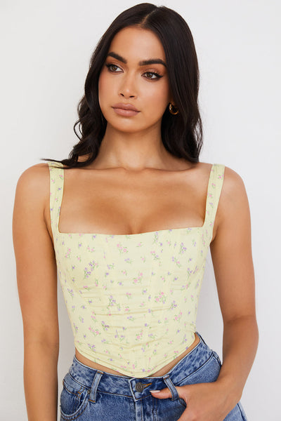 Givana - Light Yellow Corset with Subtle Floral Print