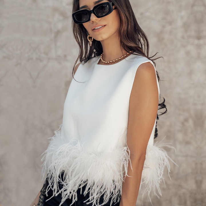 Lilliana | Elegant Sleeveless Top with Feather Accent