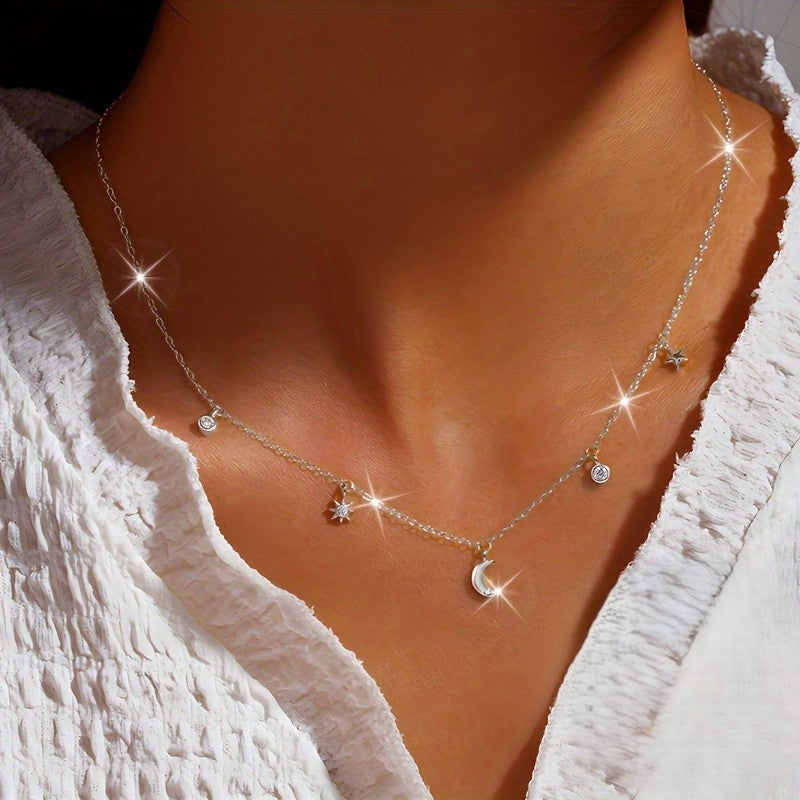 Lucia | Elegant Silver Necklace with Moon and Star 