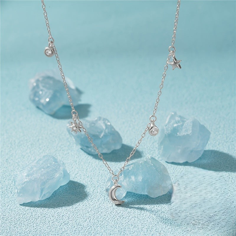 Lucia | Elegant Silver Necklace with Moon and Star 