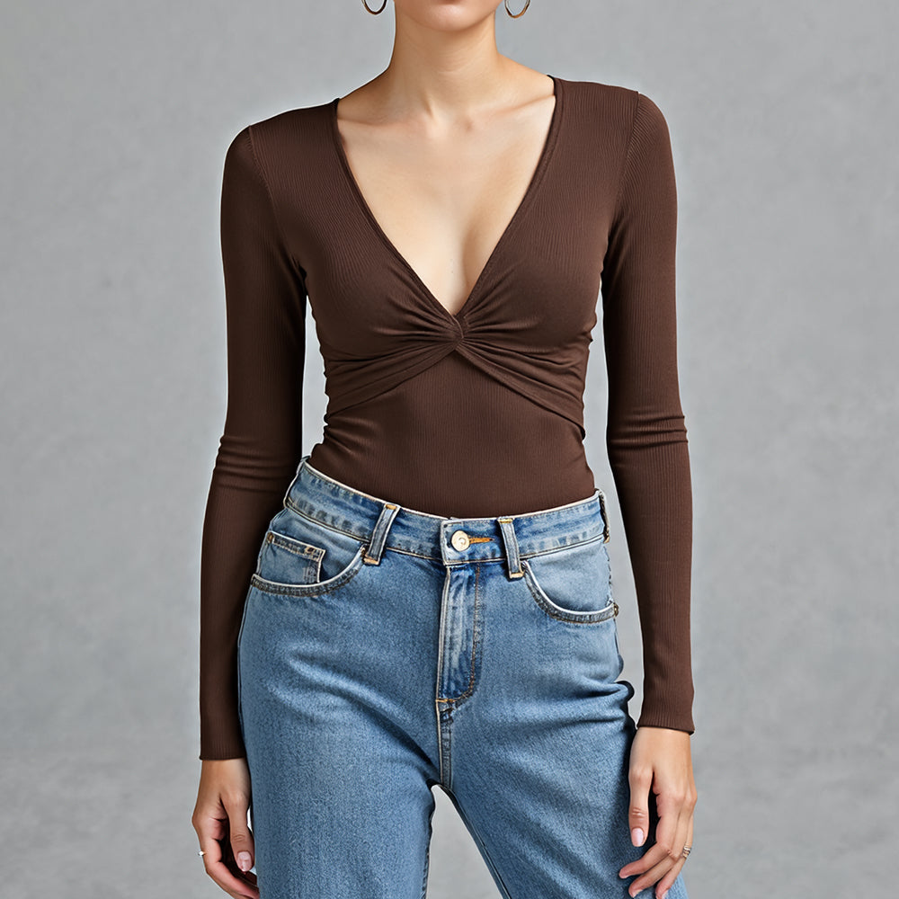Lucy | Brown V-Neck Bodysuit with Long Sleeves 