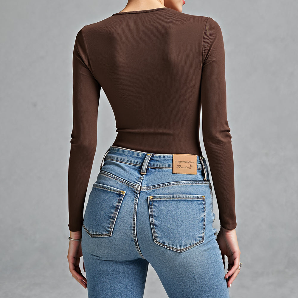 Lucy | Brown V-Neck Bodysuit with Long Sleeves 