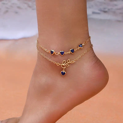 Lucy | Elegant Double-Layered Ankle Bracelet with Heart Charms 