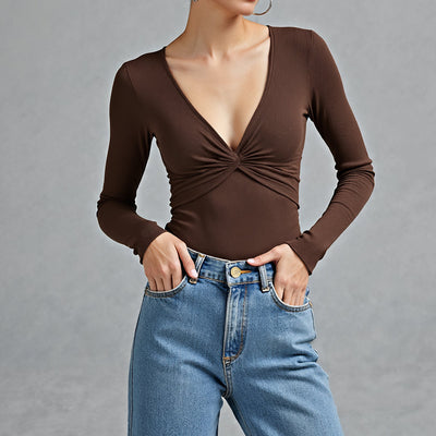 Lucy | Brown V-Neck Bodysuit with Long Sleeves 