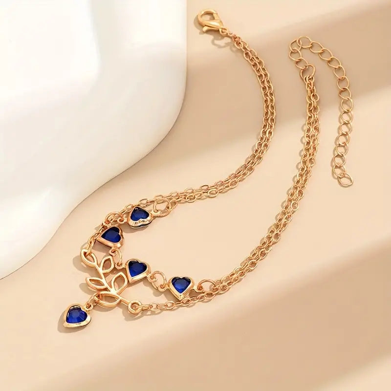 Lucy | Elegant Double-Layered Ankle Bracelet with Heart Charms 