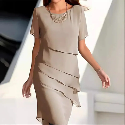 Dames Gelaagde Chiffon Jurk met Korte Mouwen – Elegante Feestjurk voor Avond of Bruiloft