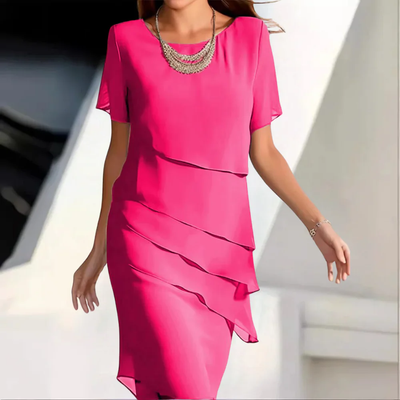 Dames Gelaagde Chiffon Jurk met Korte Mouwen – Elegante Feestjurk voor Avond of Bruiloft