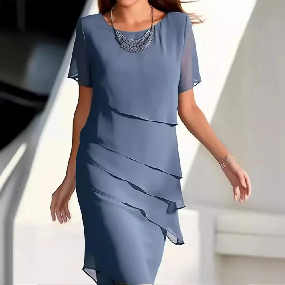 Dames Gelaagde Chiffon Jurk met Korte Mouwen – Elegante Feestjurk voor Avond of Bruiloft