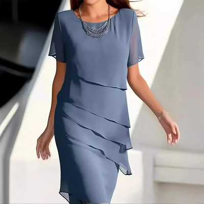 Dames Gelaagde Chiffon Jurk met Korte Mouwen – Elegante Feestjurk voor Avond of Bruiloft