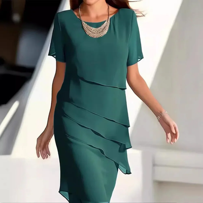 Dames Gelaagde Chiffon Jurk met Korte Mouwen – Elegante Feestjurk voor Avond of Bruiloft