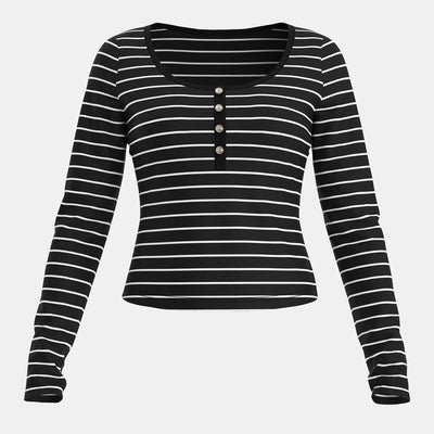 Lyra | Gestreepte Henley Top met Lange Mouwen