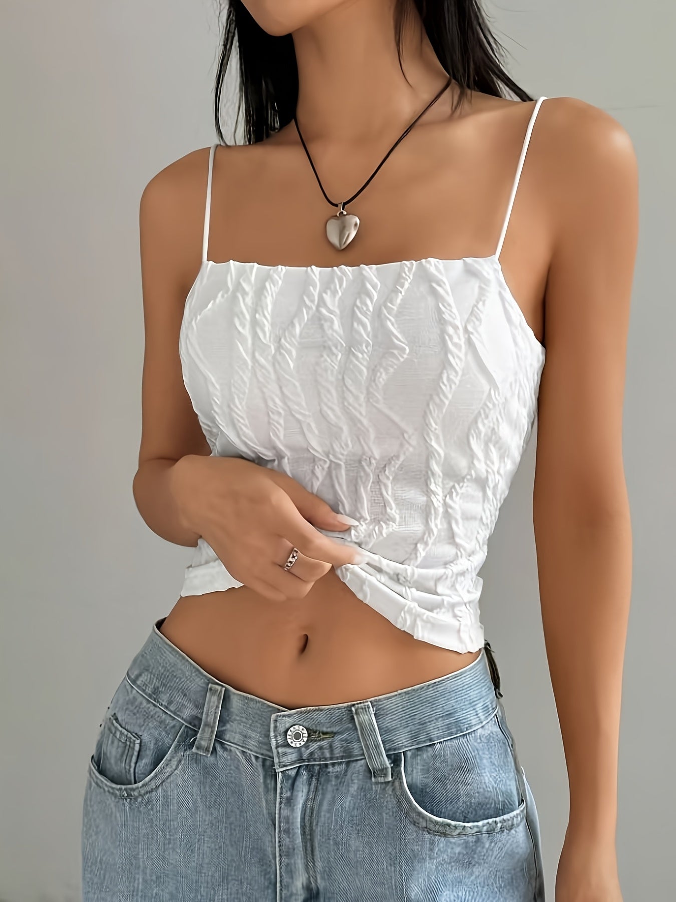 Mary | Witte Open Rug Top met Textuur en Spaghettibandjes