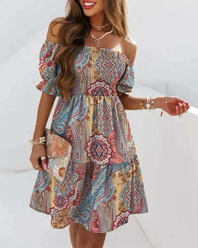 Matilda | Schattige Off-Shoulder Midi Jurk met Fleurige Print