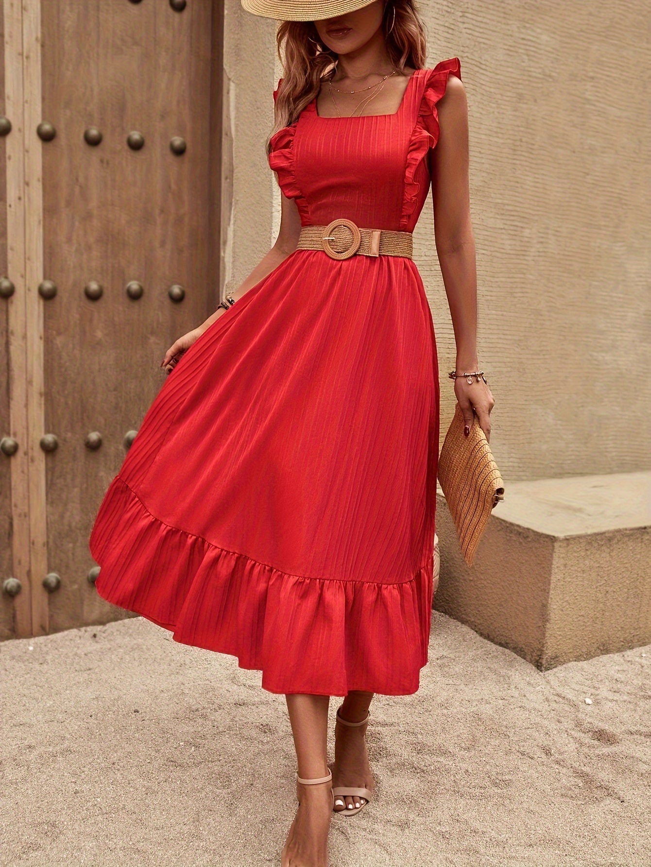 Megan | Elegante Rood Zomerjurk met Taille Ceintuur en Ruches