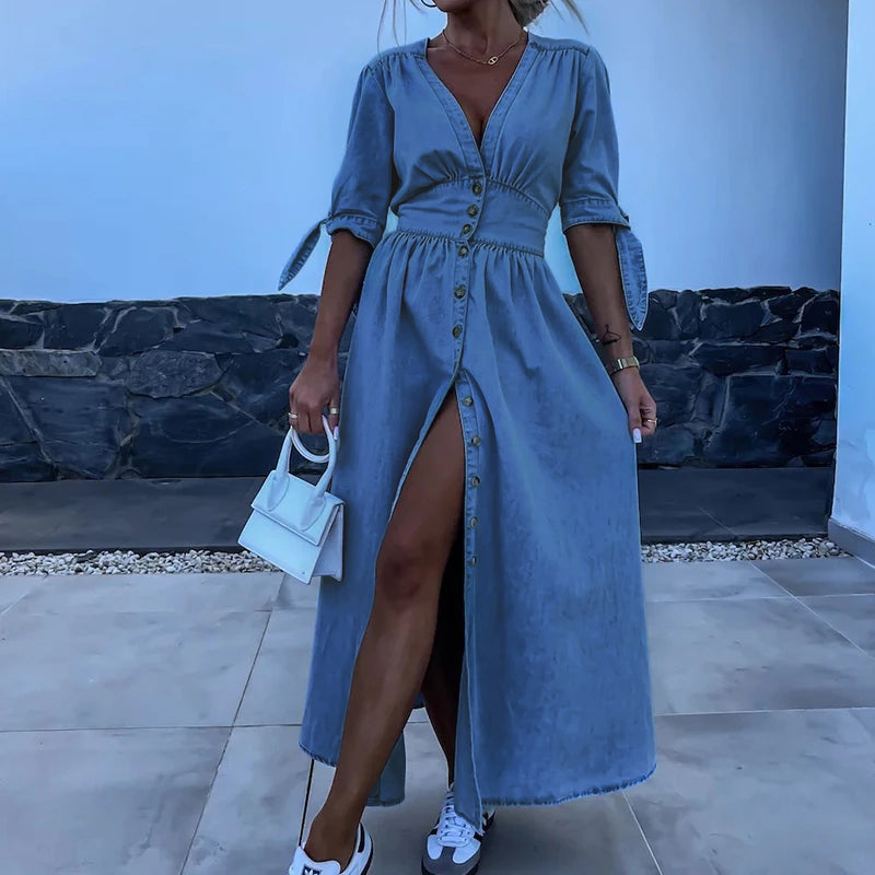 Qira - elegante denim jurk met split