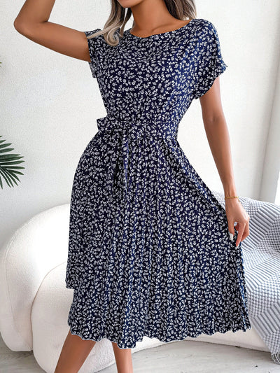 Nancy | Elegante Bloemenjurk met Plissé Rok en Ceintuur