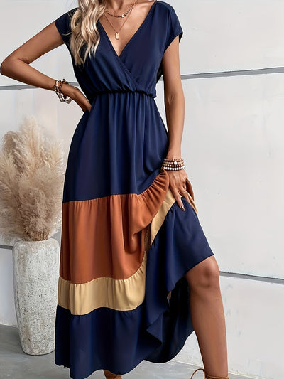 Norah | Elegante Maxi Jurk met Kleurenblokken en V-Hals