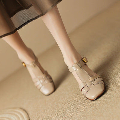 Karolanne - Square Toe T-Strap Block Heel Shoes