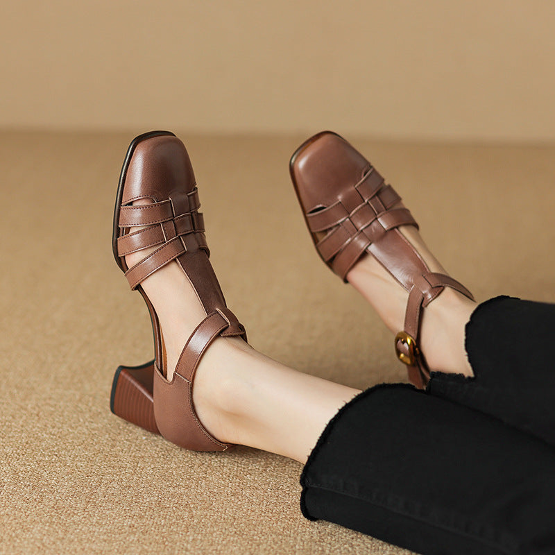 Karolanne - Square Toe T-Strap Block Heel Shoes