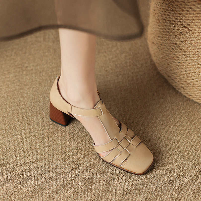Karolanne - Square Toe T-Strap Block Heel Shoes