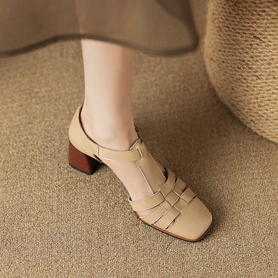 Karolanne - Square Toe T-Strap Block Heel Shoes