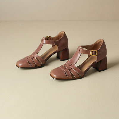 Karolanne - Square Toe T-Strap Block Heel Shoes