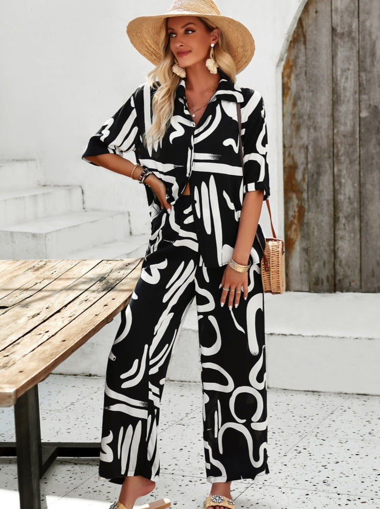 Giada - Button-down shirt and trousers, loose-fitting and printed