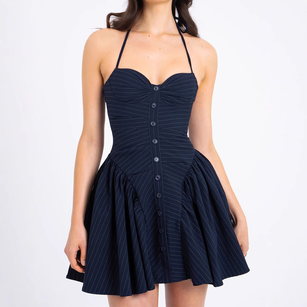 Paula - Fitted Waist Rugloze Jurk Vrouw