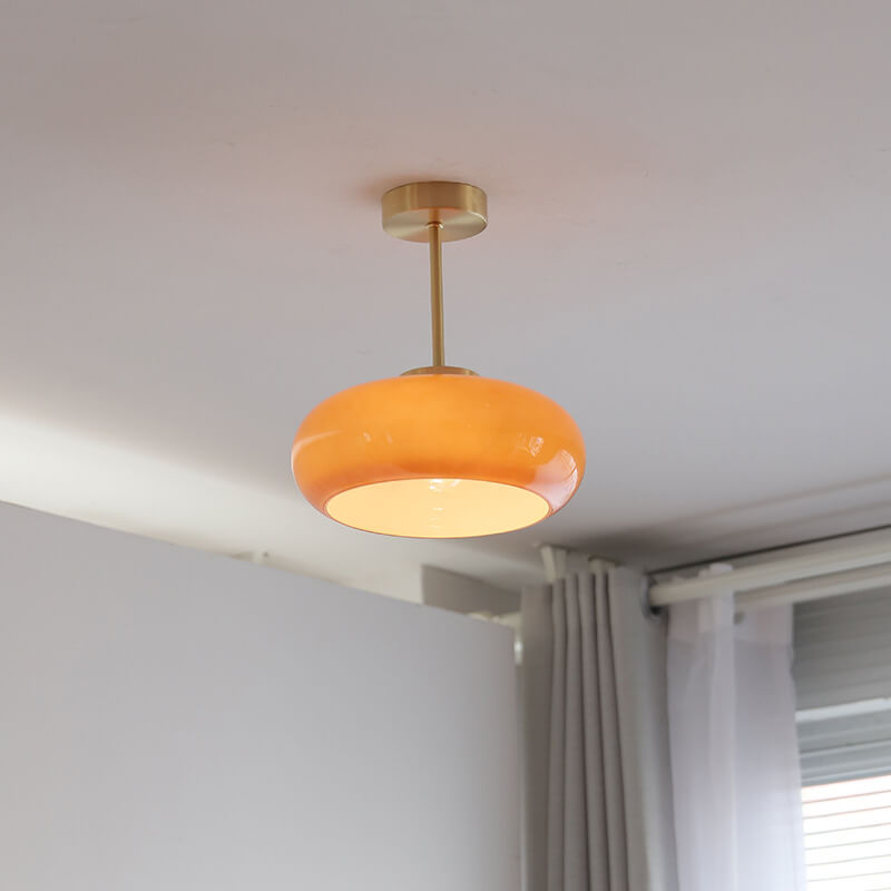 Valthera - Vintage Brass Yellow Glass Semi Flush Ceiling Light