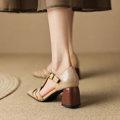 Karolanne - Square Toe T-Strap Block Heel Shoes