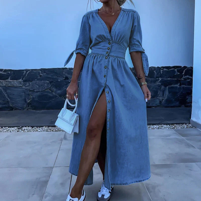 Denim maxi jurk – Doorknoopmodel met strikmouwen