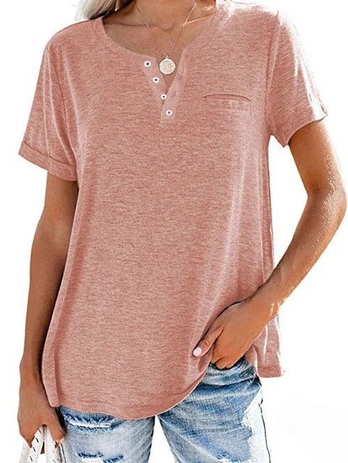 Dames T-shirt – Casual T-shirt met knoopdetail en borstzakje