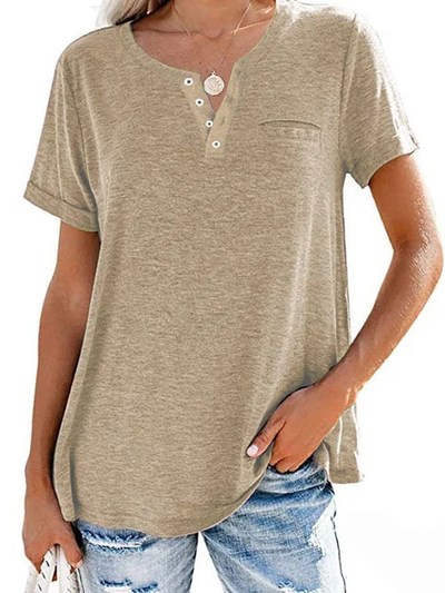 Dames T-shirt – Casual T-shirt met knoopdetail en borstzakje