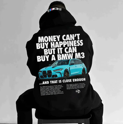 Hoodie with sports car print – Back design with typography and sleeve print 